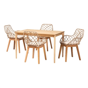 Baxton Studio Ballerina Gray Rattan and Brown Mahogany Wood 5-Piece Dining Set