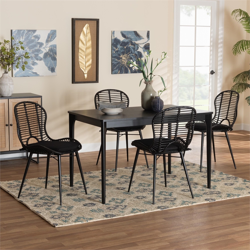 Baxton Studio Brenna Black Finished Wood and Rattan 5-Piece Dining Set