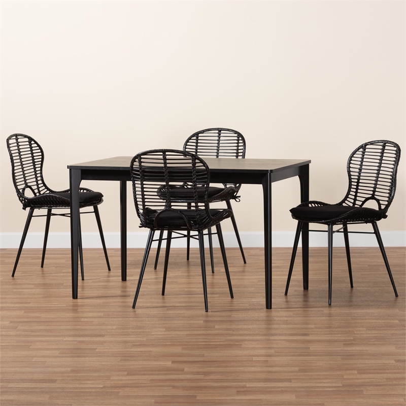 Baxton Studio Brenna Black Finished Wood and Rattan 5-Piece Dining Set
