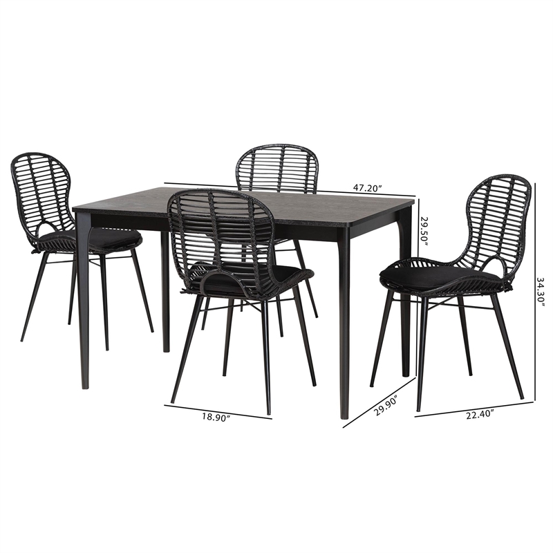 Baxton Studio Brenna Black Finished Wood and Rattan 5-Piece Dining Set