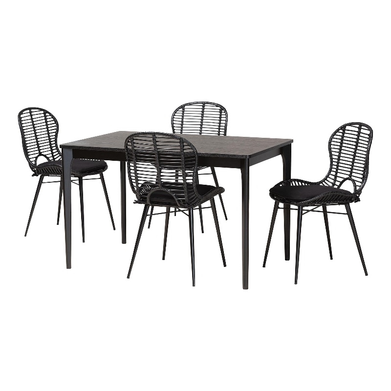 Baxton Studio Brenna Black Finished Wood and Rattan 5-Piece Dining Set