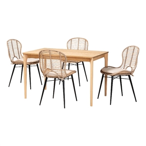 Baxton Studio Brenna Greywashed Rattan and Brown Wood 5-Piece Dining Set