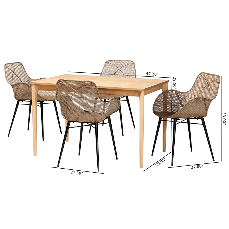 Baxton Studio Ballerina Gray Rattan and Black Metal 5-Piece Dining Set