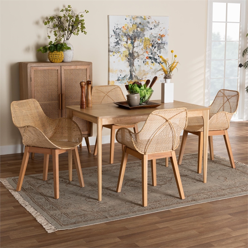 Baxton Studio Ballerina Brown Mahogany Wood and Rattan 5-Piece Dining Set