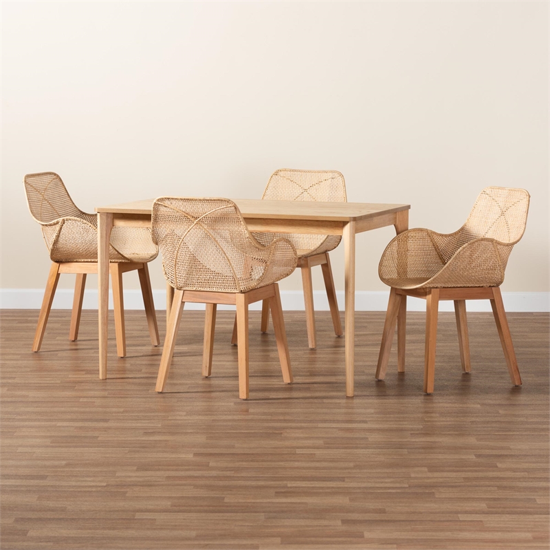 Baxton Studio Ballerina Brown Mahogany Wood and Rattan 5-Piece Dining Set