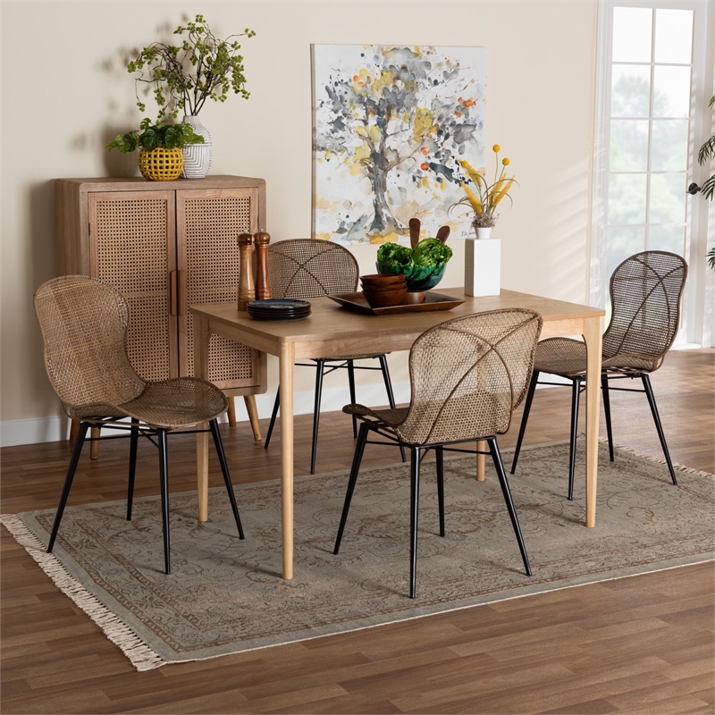 Baxton Studio Sabelle Brown Wood and Greywashed Rattan 5-Piece Dining Set