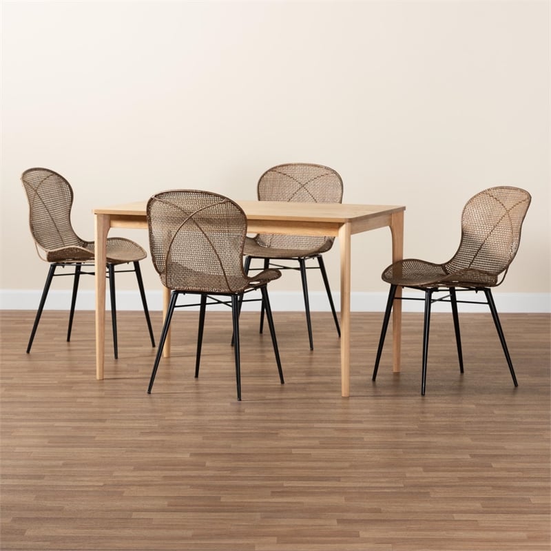 Baxton Studio Sabelle Brown Wood and Greywashed Rattan 5-Piece Dining Set
