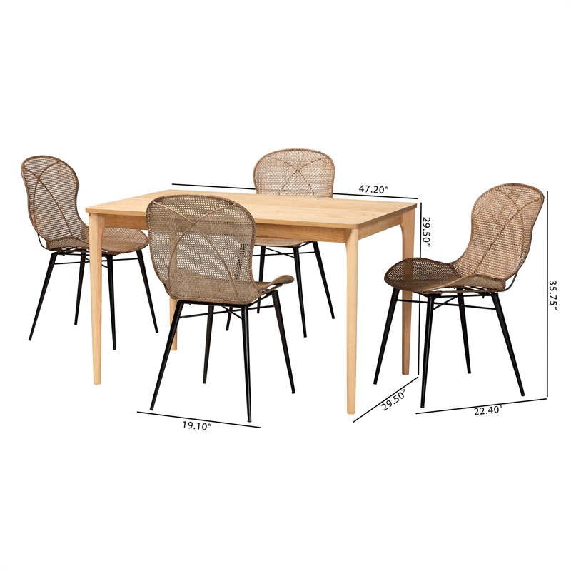 Baxton Studio Sabelle Brown Wood and Greywashed Rattan 5-Piece Dining Set