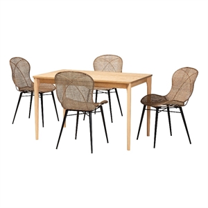 Baxton Studio Sabelle Brown Wood and Greywashed Rattan 5-Piece Dining Set