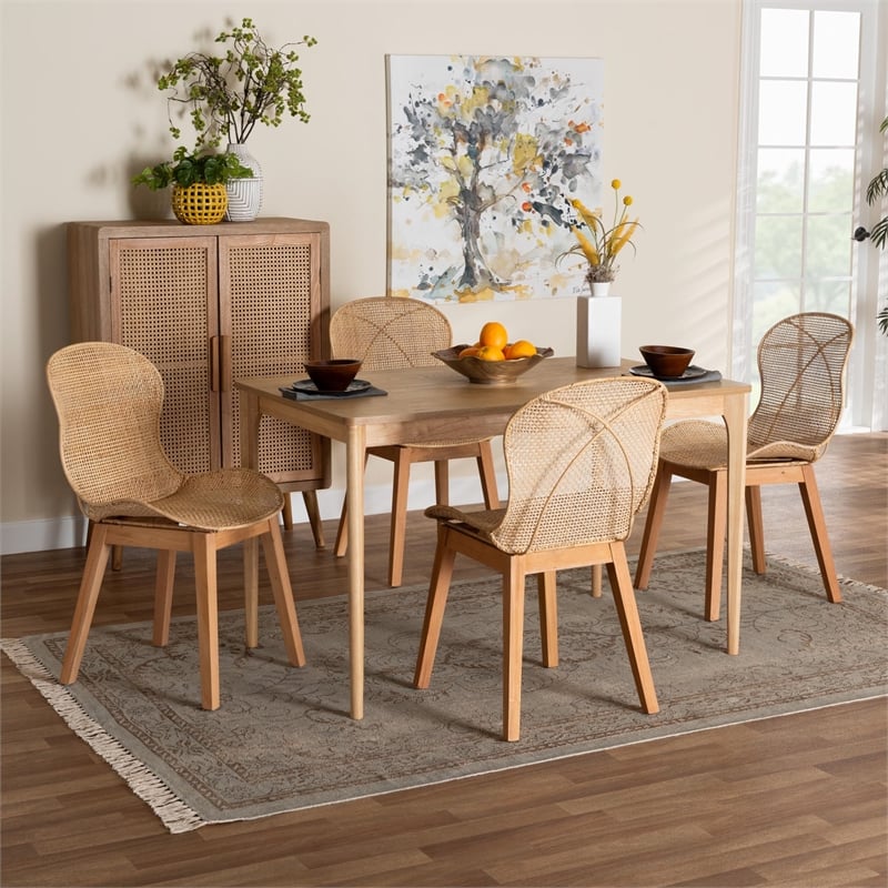 Baxton Studio Sabelle Brown Mahogany Wood and Rattan 5-Piece Dining Set