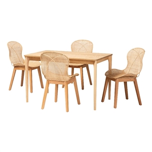 Baxton Studio Sabelle Brown Mahogany Wood and Rattan 5-Piece Dining Set