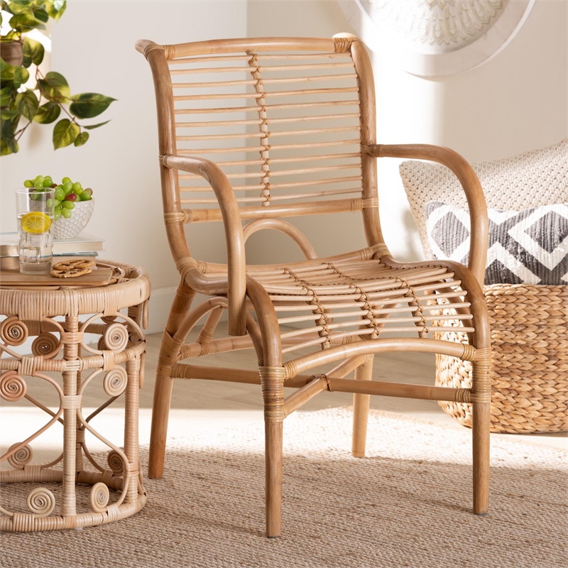 Baxton Studio Seminyak Rattan Lounge Chair with Round Armrests in Brown