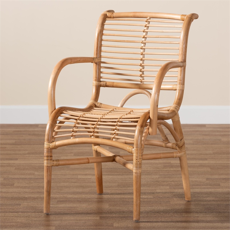 Baxton Studio Seminyak Rattan Lounge Chair with Round Armrests in Brown