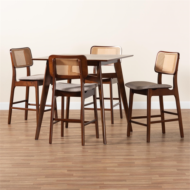 Baxton Studio Dannon 5-Piece Fabric & Wood Pub Set in Gray/Walnut Brown