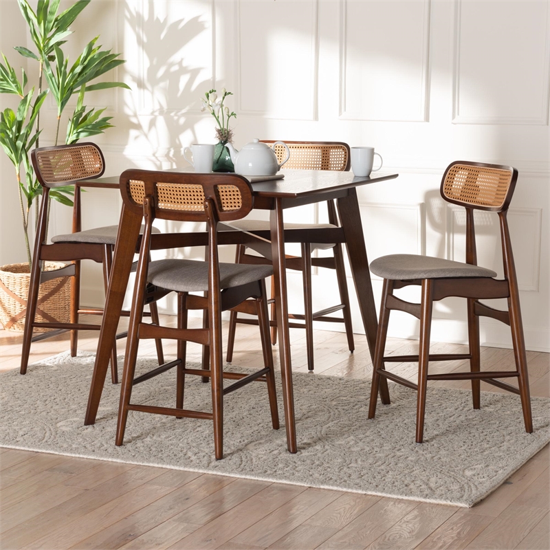 Baxton Studio Tarana 5-Piece Fabric & Wood Pub Set in Gray/Walnut Brown