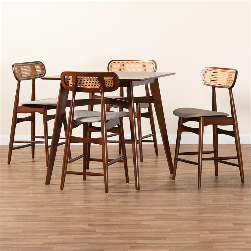 Baxton Studio Tarana 5-Piece Fabric & Wood Pub Set in Gray/Walnut Brown