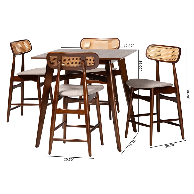 Baxton Studio Tarana 5-Piece Fabric & Wood Pub Set in Gray/Walnut Brown