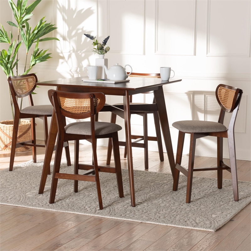 Baxton Studio Dannell 5-Piece Fabric & Wood Pub Set in Gray/Walnut Brown
