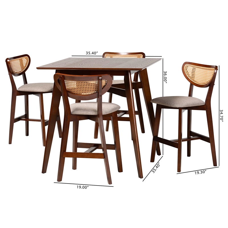Baxton Studio Dannell 5-Piece Fabric & Wood Pub Set in Gray/Walnut Brown