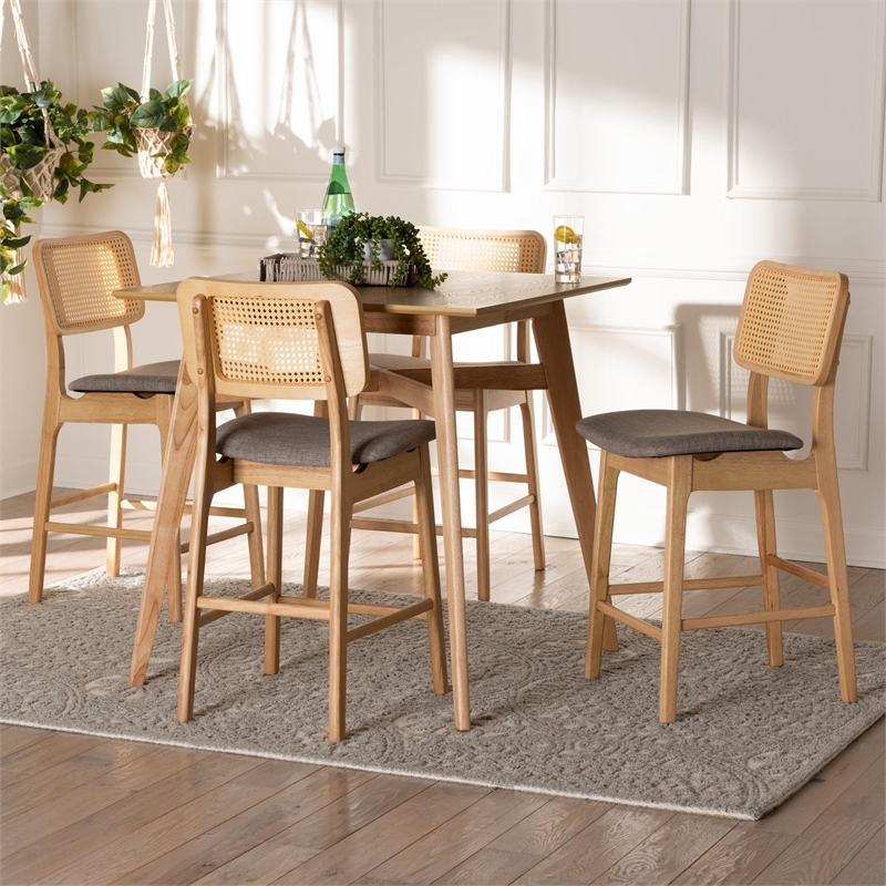 Baxton Studio Dannon 5-Piece Fabric & Wood Pub Set in Gray/Natural Oak