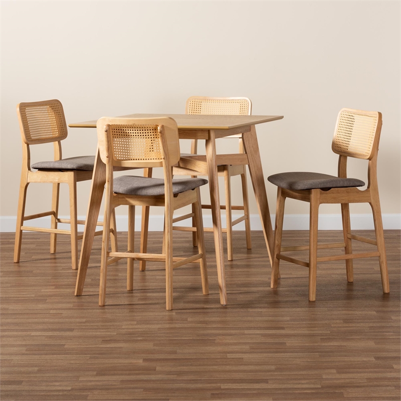 Baxton Studio Dannon 5-Piece Fabric & Wood Pub Set in Gray/Natural Oak