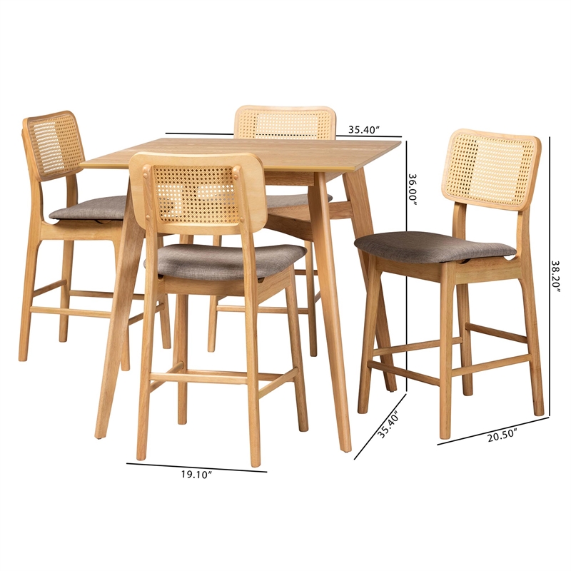 Baxton Studio Dannon 5-Piece Fabric & Wood Pub Set in Gray/Natural Oak
