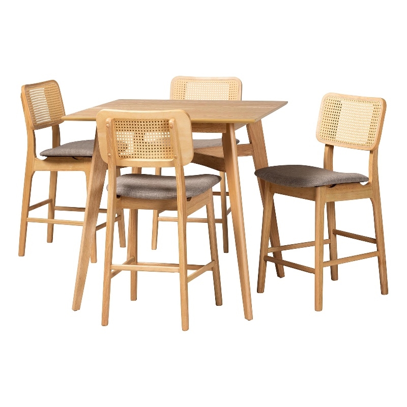 Baxton Studio Dannon 5-Piece Fabric & Wood Pub Set in Gray/Natural Oak