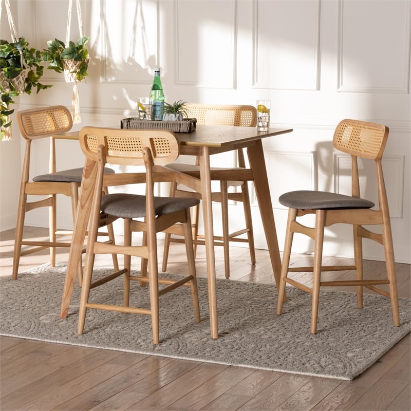 Baxton Studio Tarana 5-Piece Fabric & Wood Pub Set in Gray/Natural Oak