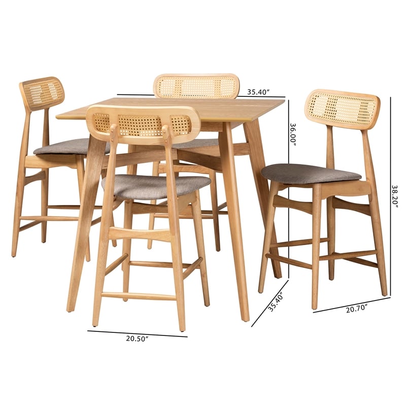 Baxton Studio Tarana 5-Piece Fabric & Wood Pub Set in Gray/Natural Oak