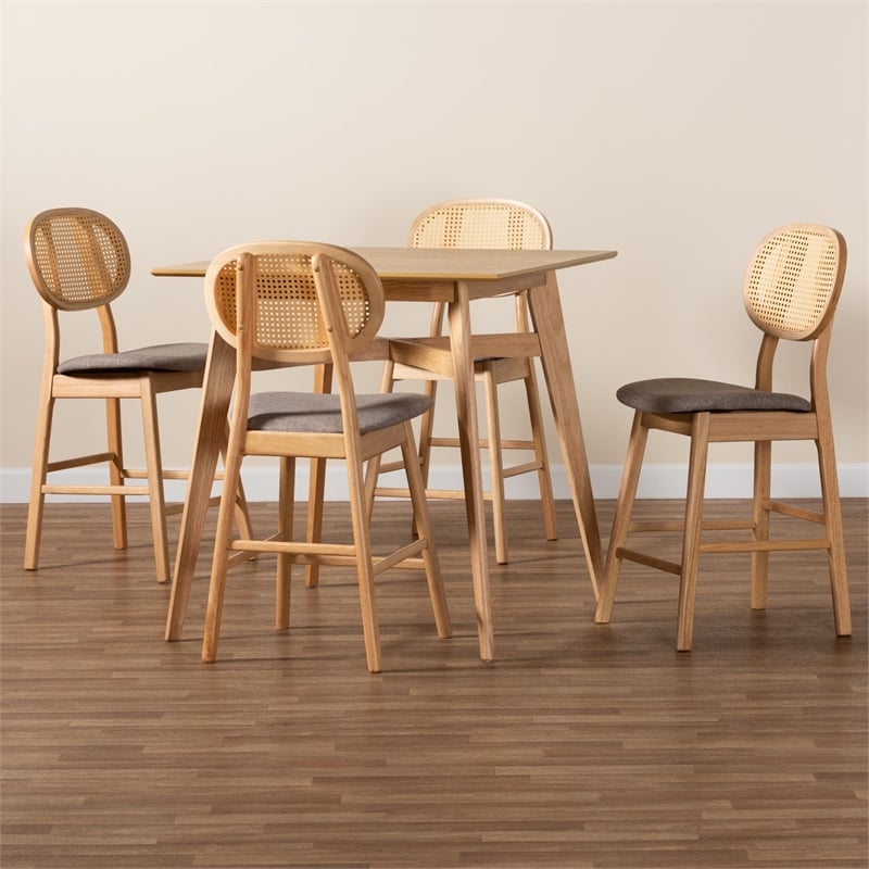 Baxton Studio Darrion 5-Piece Fabric & Wood Pub Set in Gray/Natural Oak