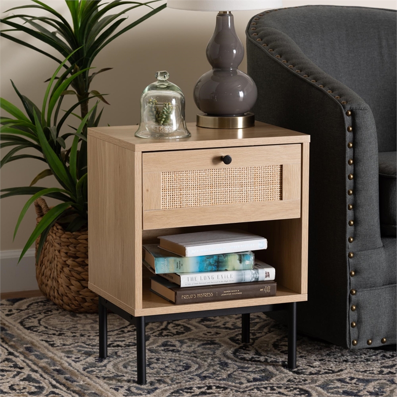Baxton Studio Sherwin Brown and Black 1-Drawer End Table with Rattan Accent