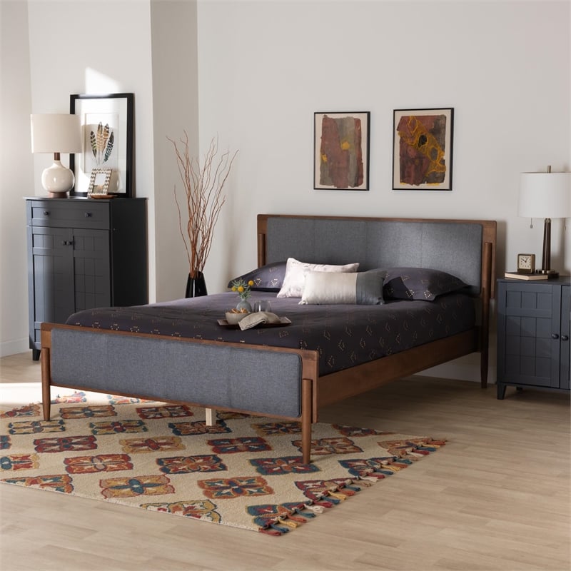Baxton Studio Powers Gray Fabric and Ash Walnut Wood King Size Platform Bed