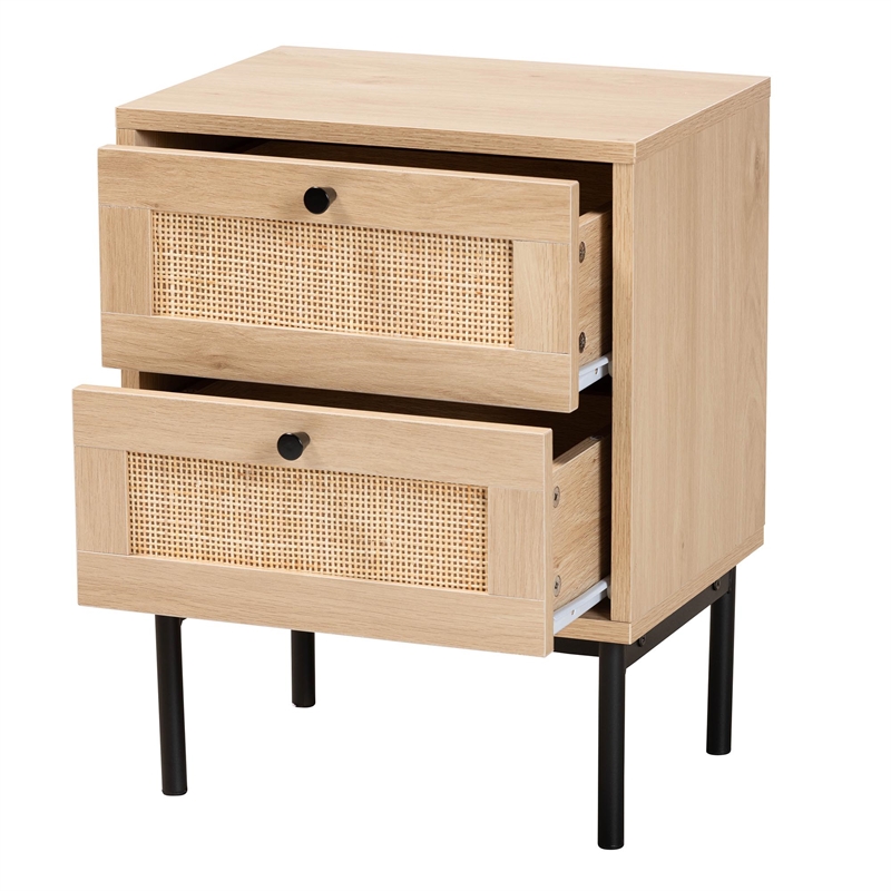 Baxton Studio Sherwin Brown and Black 2-Drawer End Table with Rattan Accent