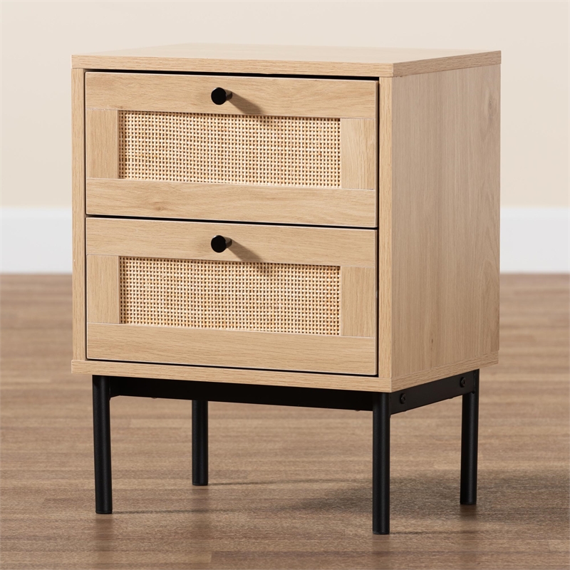 Baxton Studio Sherwin Brown and Black 2-Drawer End Table with Rattan Accent