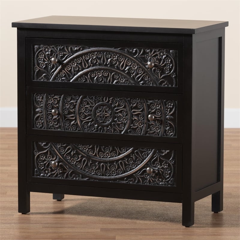Baxton Studio Yelena Traditional Black Finished Wood 3-Drawer Storage Cabinet