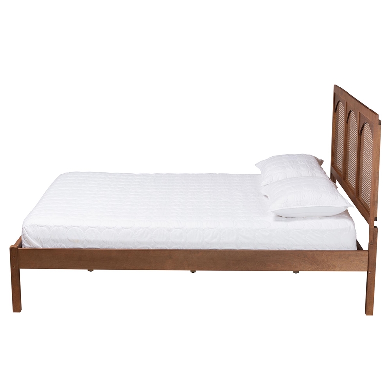 Baxton Studio Blossom Ash Walnut Wood and Rattan Queen Size Platform Bed
