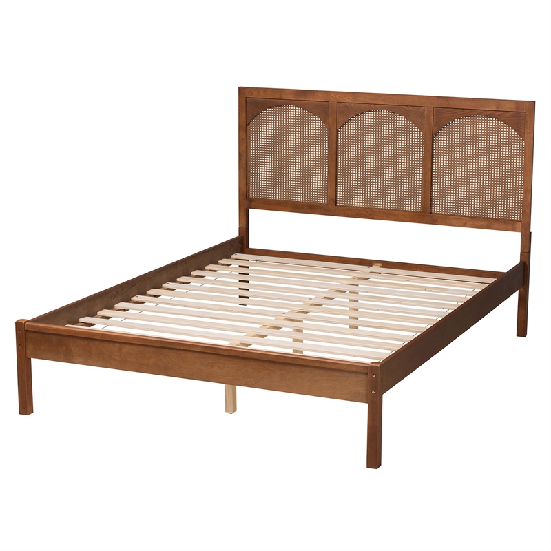 Baxton Studio Blossom Ash Walnut Wood and Rattan Queen Size Platform Bed