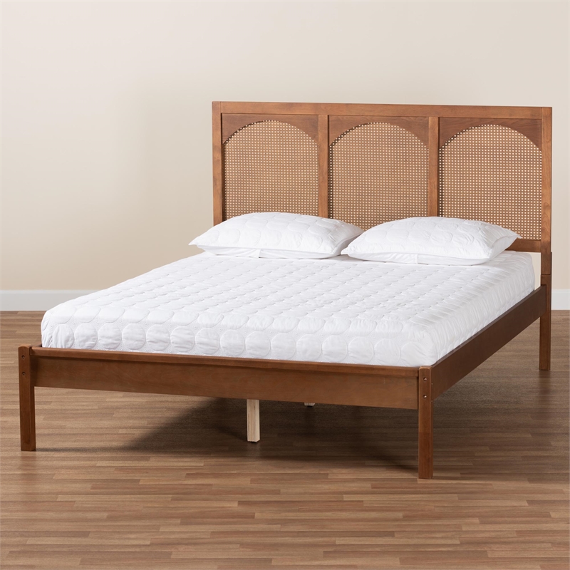 Baxton Studio Blossom Ash Walnut Wood and Rattan Queen Size Platform Bed