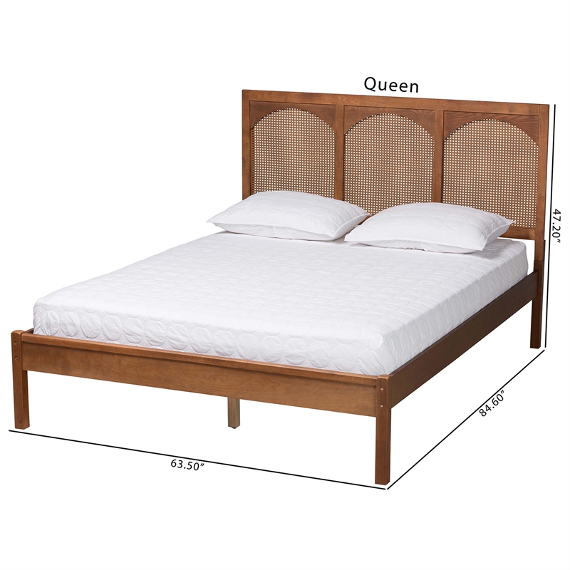 Baxton Studio Blossom Ash Walnut Wood and Rattan Queen Size Platform Bed