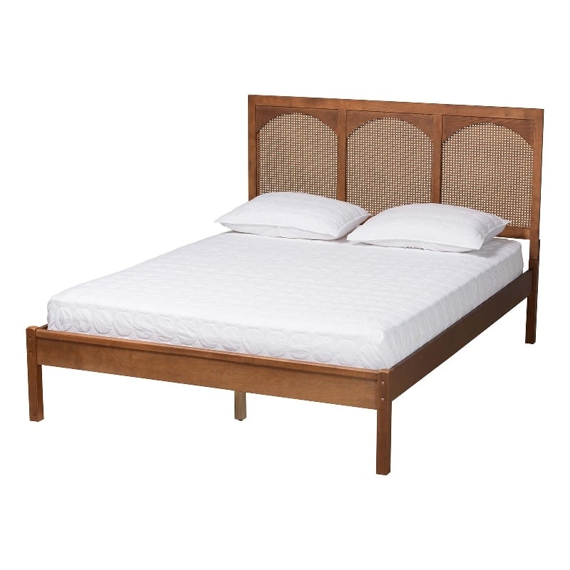 Baxton Studio Blossom Ash Walnut Wood and Rattan King Size Platform Bed