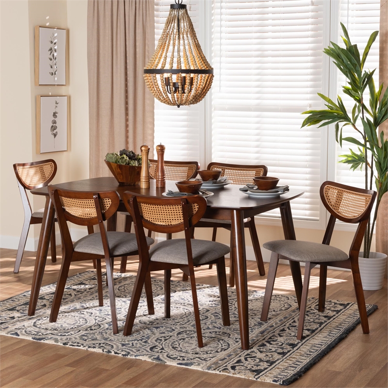 Baxton Studio Dannell Grey Fabric and Walnut Brown Wood 7-Piece Dining Set