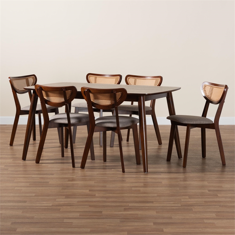 Baxton Studio Dannell Grey Fabric and Walnut Brown Wood 7-Piece Dining Set