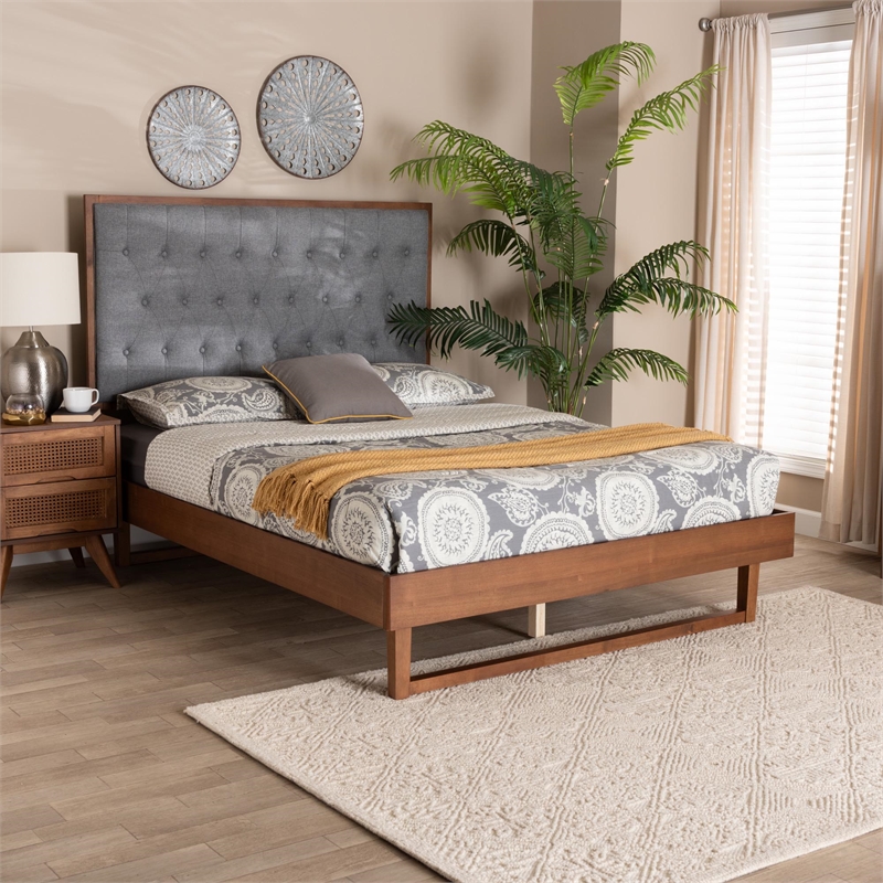 Baxton Studio Bryn Gray Fabric and Walnut Brown Wood King Size Platform Bed