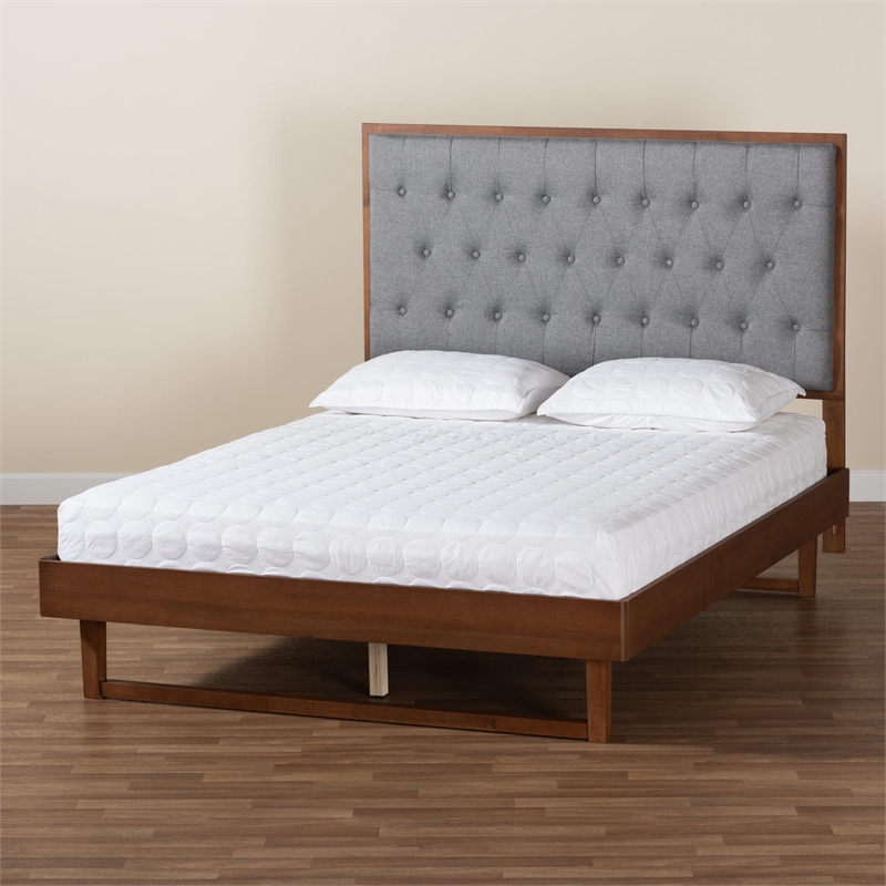 Baxton Studio Bryn Gray Fabric and Walnut Brown Wood King Size Platform Bed