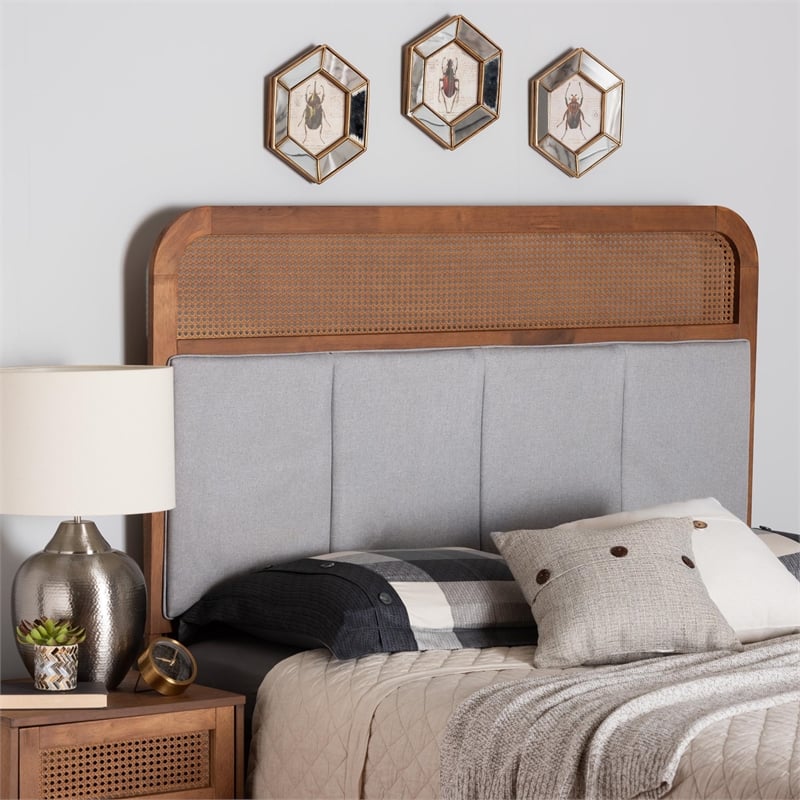 Baxton Studio Esti Gray Fabric and Walnut Wood Queen Size Headboard with Rattan