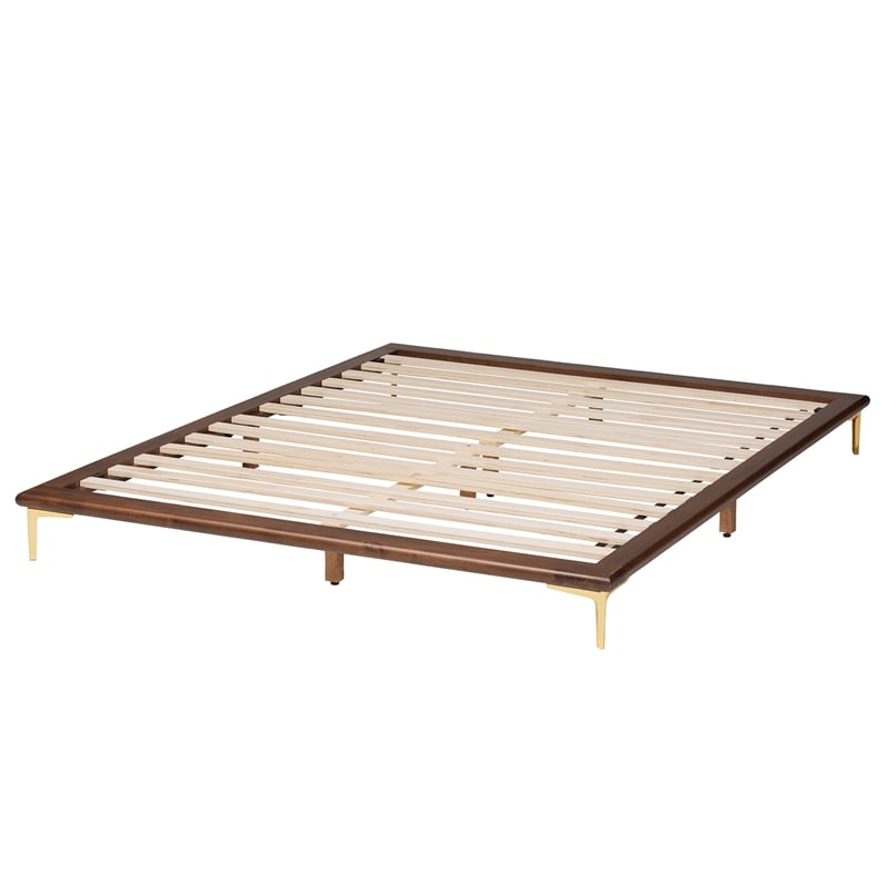 Baxton Studio Channary Walnut Brown Wood and Gold Metal King Size Bed Frame