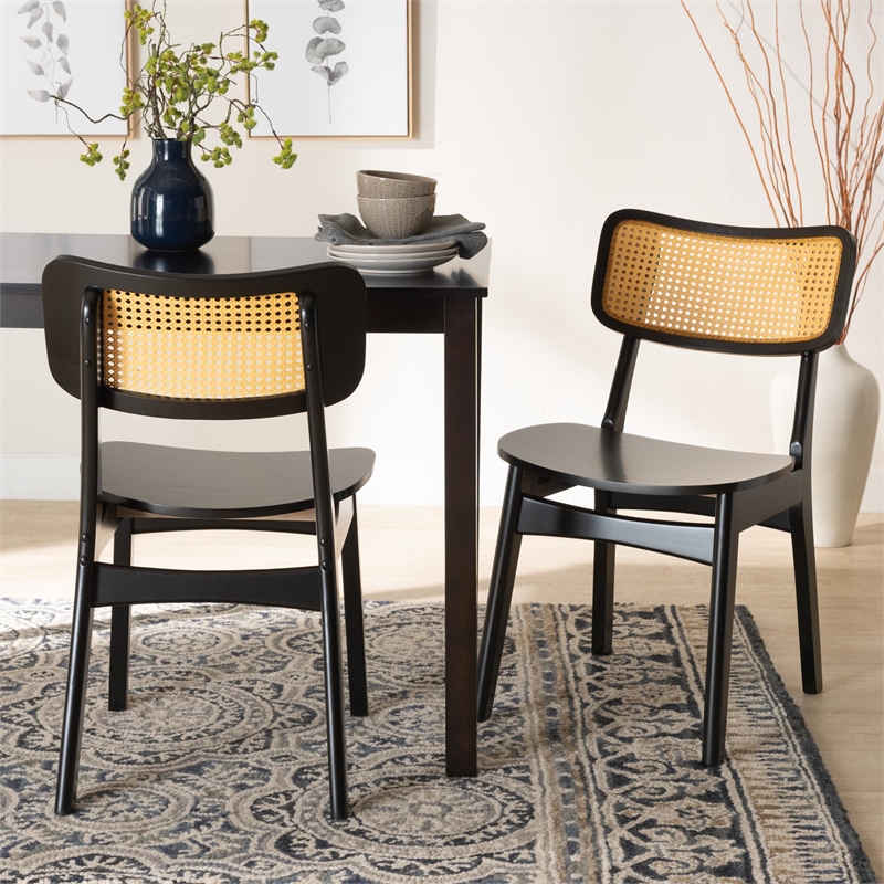Baxton Studio Tafari Dark Brown Wood and Rattan 2-Piece Dining Chair Set
