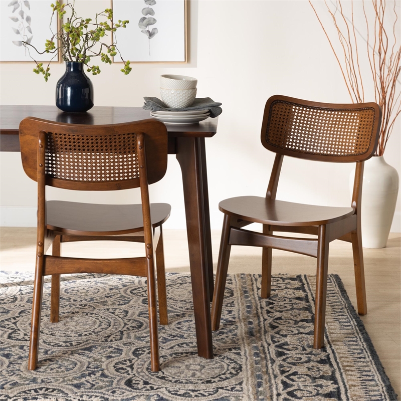 Baxton Studio Tafari Walnut Brown Wood and Rattan 2-Piece Dining Chair Set