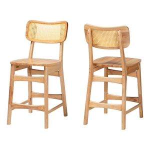 Baxton Studio Tadeo 24&quot Wood and Rattan Counter Stool in Oak Brown (Set of 2)