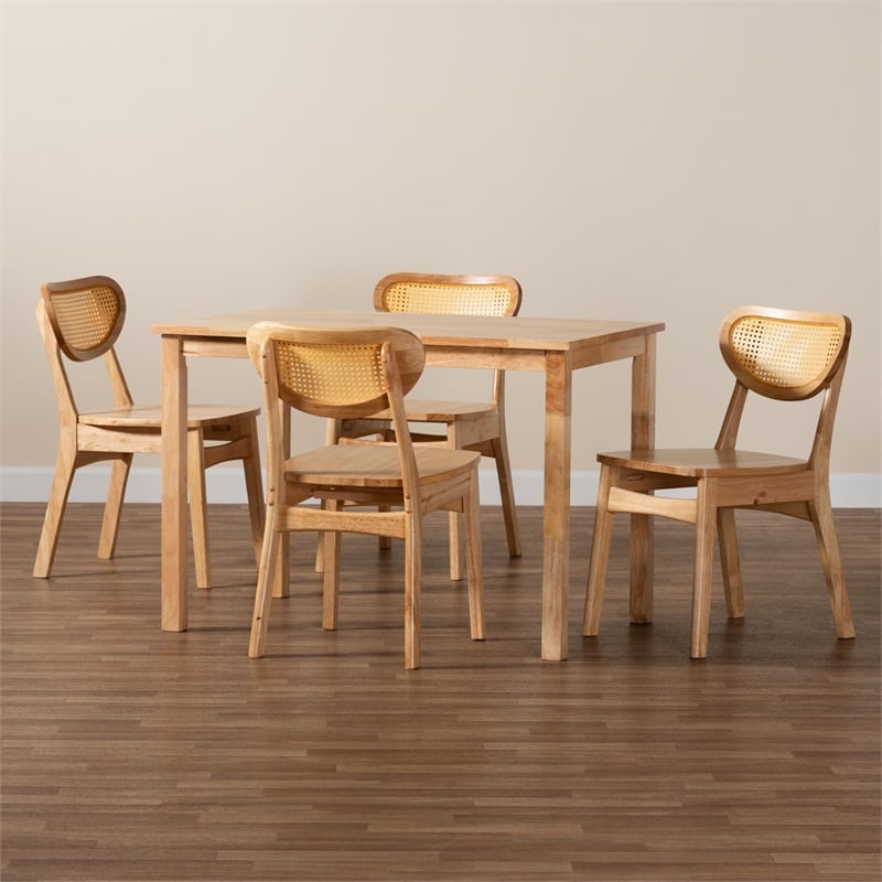 Baxton Studio Haviland 5-Piece Wood & Synthetic Rattan Dining Set in Oak Brown